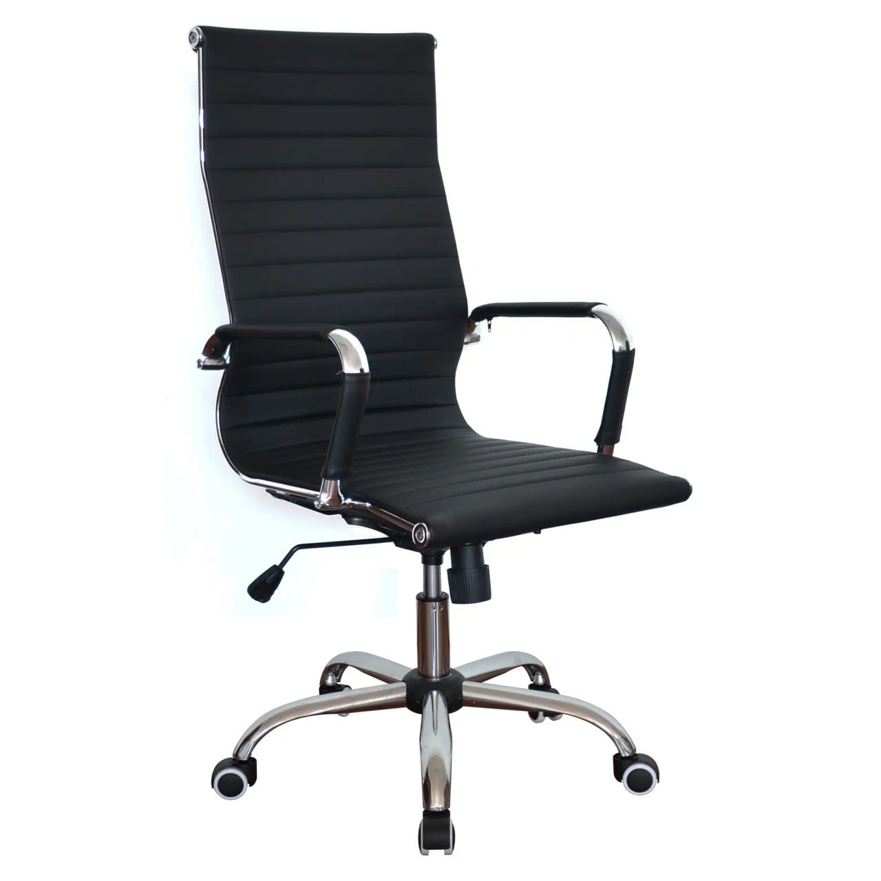 Generic High-back Office Chair, Black Ergonomic Swivel Chair with Padded Seat and Backrest, Chrome Armrests, Adjustable Height, and Rolling Casters for Office Use.