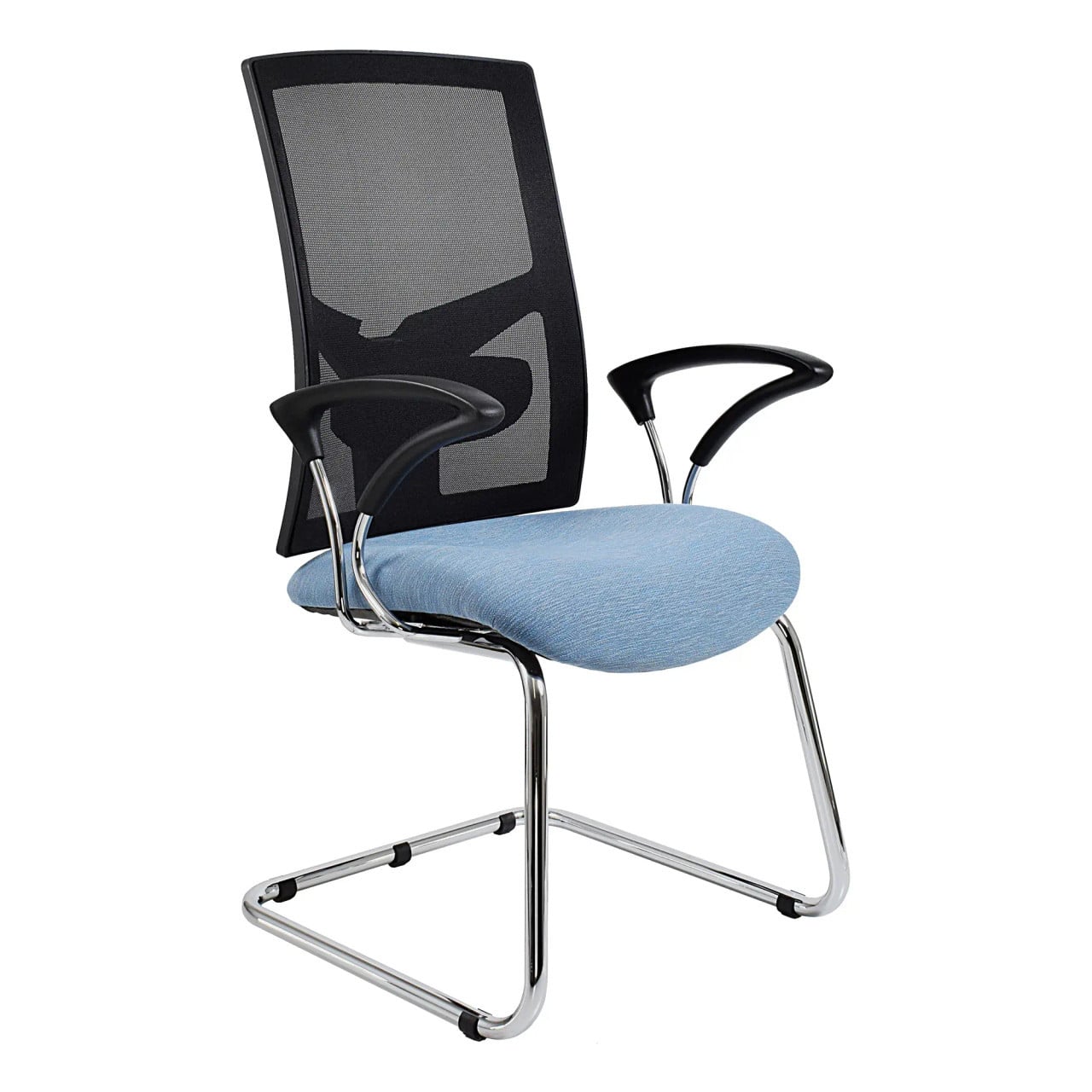 Winston Mesh Visitor Office Chair, an Ergonomic Chair with Black Mesh Back, Light Blue Seat, and Silver Frame, Featuring Adjustable Black Armrests, Designed for Comfort and Style in Modern Workspaces with Durable Build and Fit.