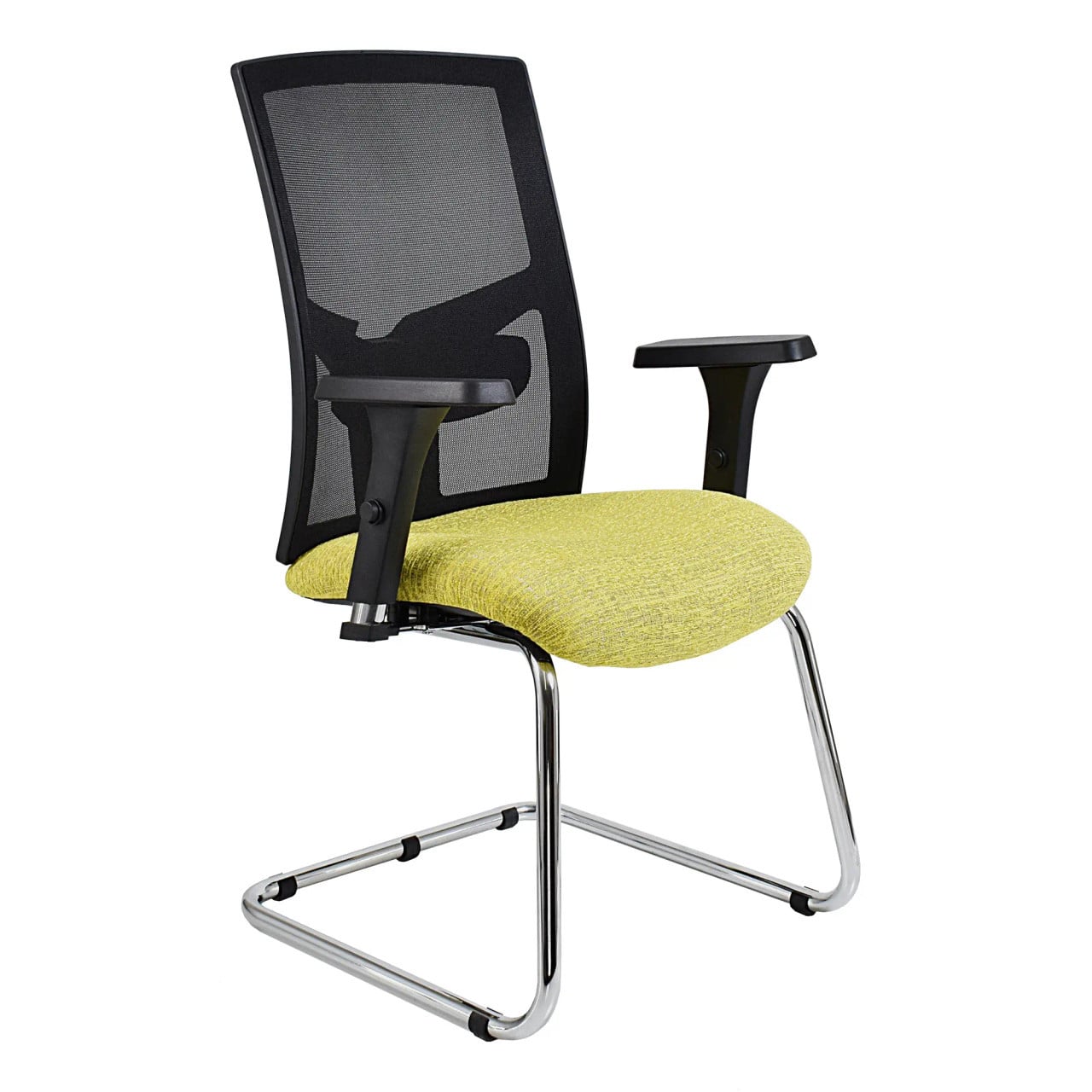 Winston Mesh Visitor Office Chair by 67, a Durable Office Chair with a Black Mesh Back, Yellow Seat, and Silver Metal Frame, Featuring Ergonomic Design and Adjustable Armrests for Comfort and Support.