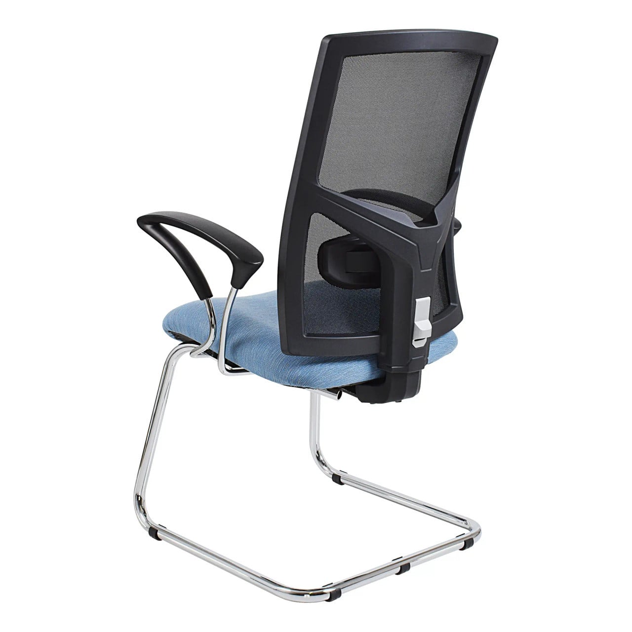 Winston Mesh Visitor Office Chair with Black Mesh Back, Blue Seat, and Silver Metal Legs, Featuring an Ergonomic Design and Armrests, Presented on a White Background, Showcasing Its Modern, Comfortable, and Stylish Design as a Visitor Office Chair.