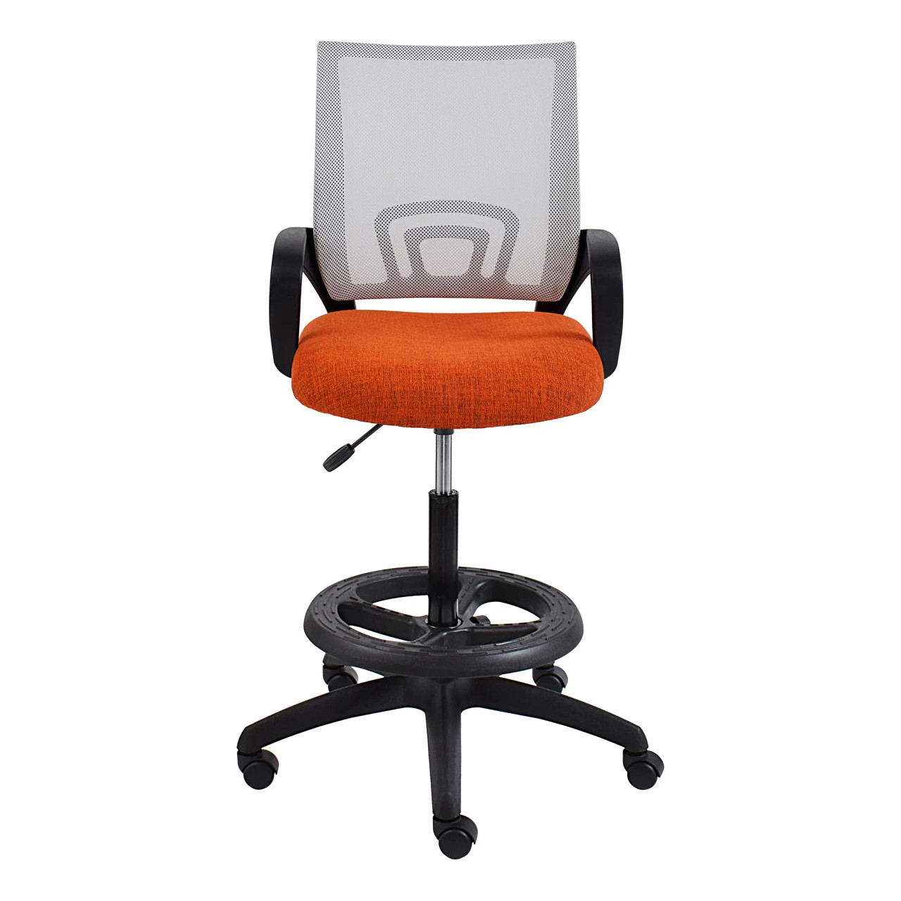 Britney Mesh Draughtsman Chair by 67, Featuring an Orange Seat, Black Frame, and Adjustable Seating, with a Durable Mesh Back and Five-Star Base with Wheels, Ideal for Ergonomic and Comfortable Office Use.