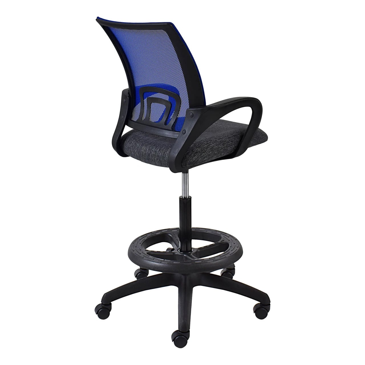 Britney Mesh Draughtsman Chair by 67, a Black Office Chair with a Blue Mesh Back, Armrests, and Five-Star Base with Wheels, Showcasing Its Durable Design and Comfortable Features for Optimal Functionality.
