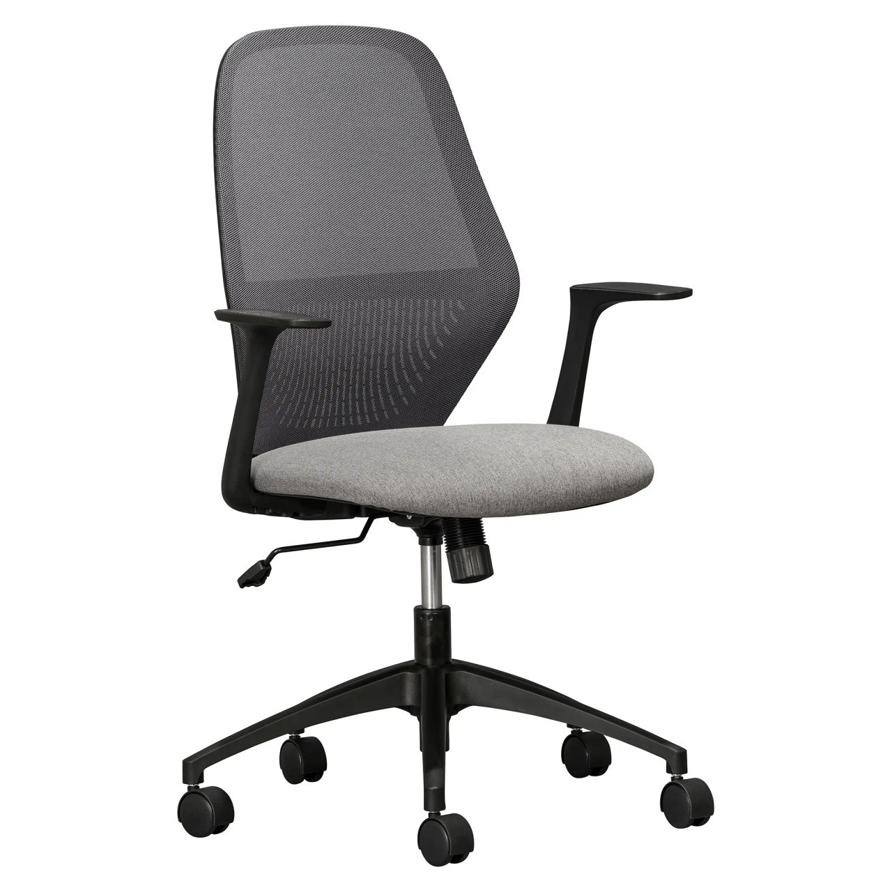 Nika Typist Office Chair, Ergonomic Office Chair with Mesh Backrest and Cushioned Seat, Adjustable Height and Armrests, Black Base with Caster Wheels.