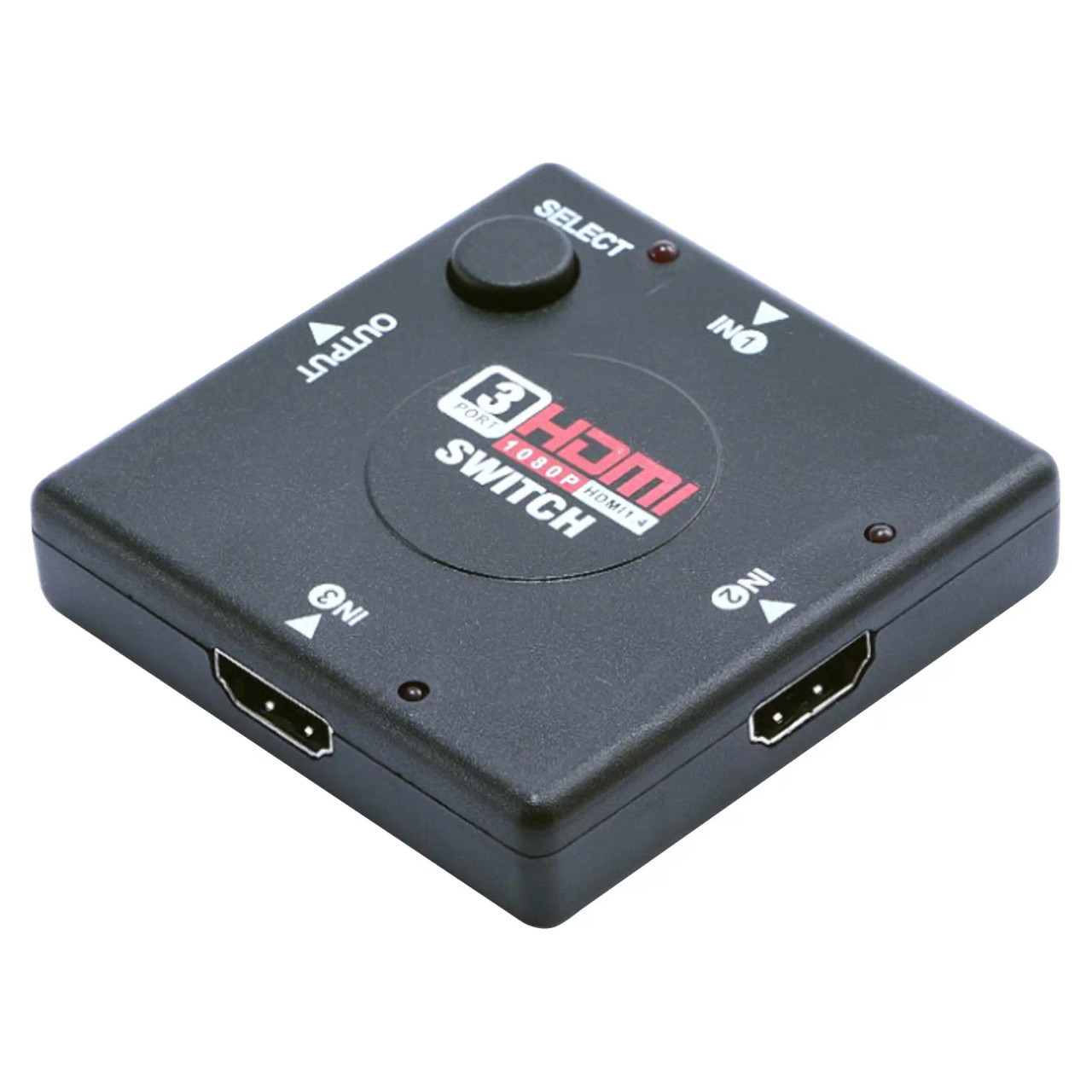 3-Port HDMI Switch, Compact Black Device with Select Button and Ports for HDMI Input and Output, Used for Connecting Multiple HDMI Sources to a Single Display.