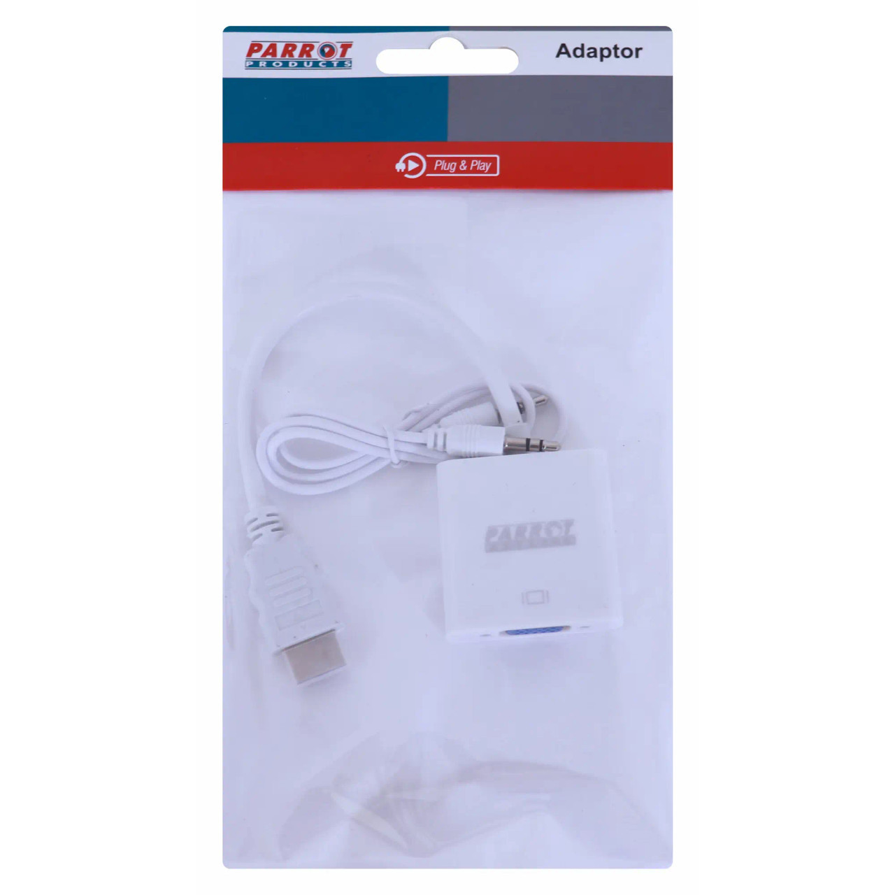 HDMI to VGA with Audio Converter, Product Image of the HDMI to VGA Converter with Attached Audio Cable in Packaging.
