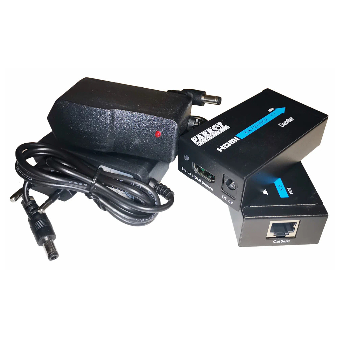 HDMI Extender over CAT52/6E Network Cable, AD2013 Model, with Power Supply and Ethernet Connector for Long-Distance HDMI Signal Transmission.