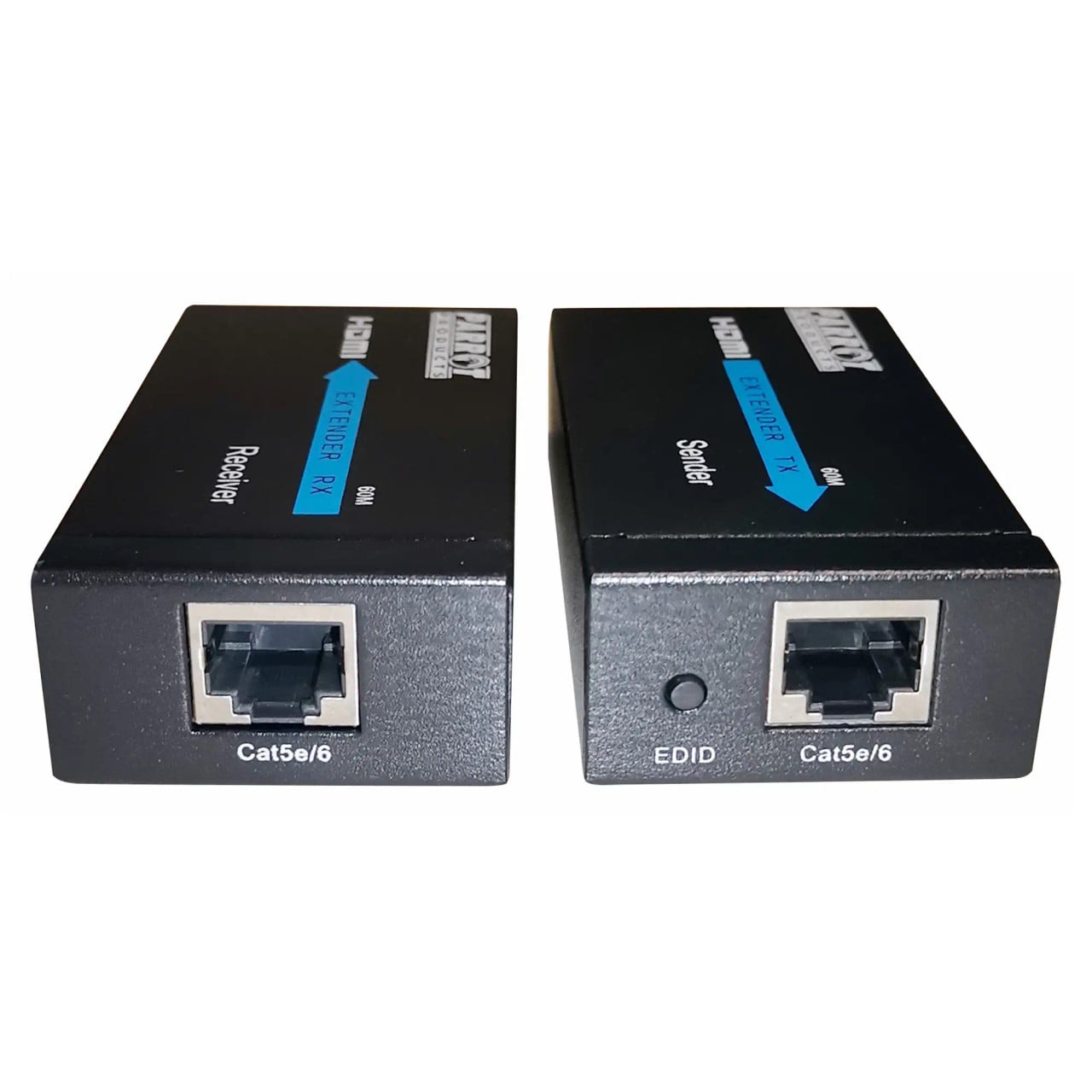 HDMI Extender over CAT52/6E Network Cable, AD2013, Black Rectangular Devices with Ethernet Port and Indicator Light for Transmitting HDMI Signals over Network Cables.