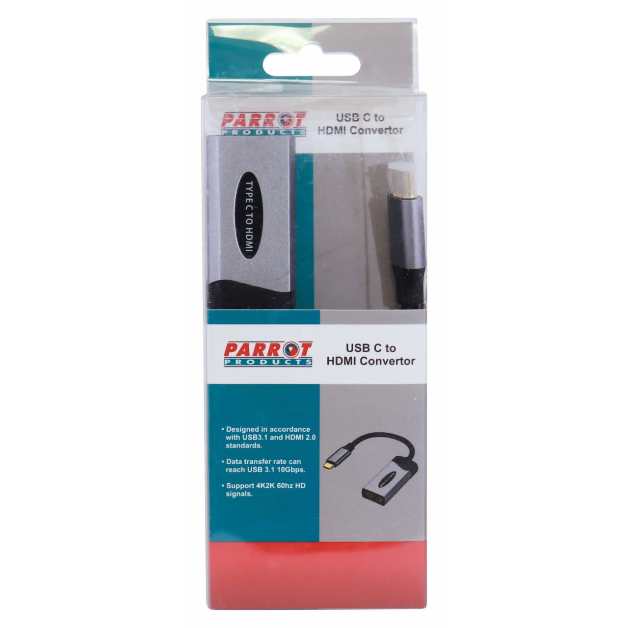 USB-C to HDMI Converter | AD2019, Product Packaging Showing the Converter with a USB-C Connector and HDMI Port, and Product Details on the Box.