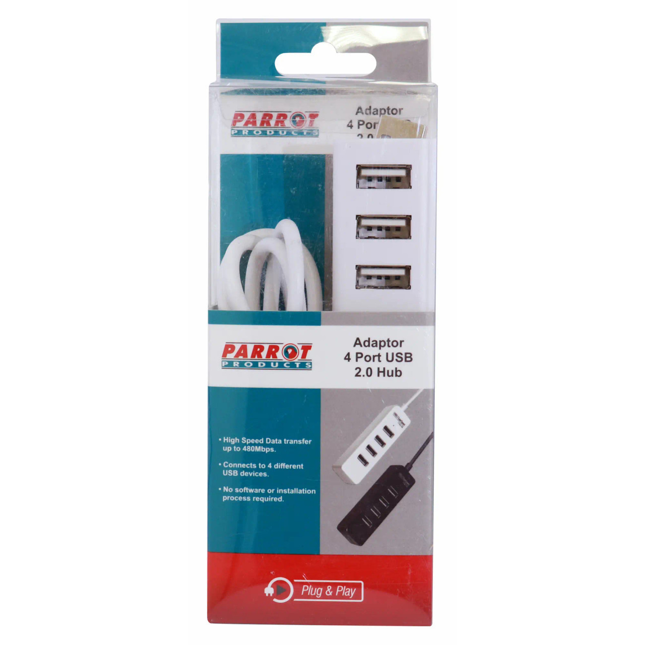 4 Port USB 2.0 Hub, Product Packaging Showing a White USB Hub with Four Ports and a Connected Cable, Designed for Connecting Multiple USB Devices