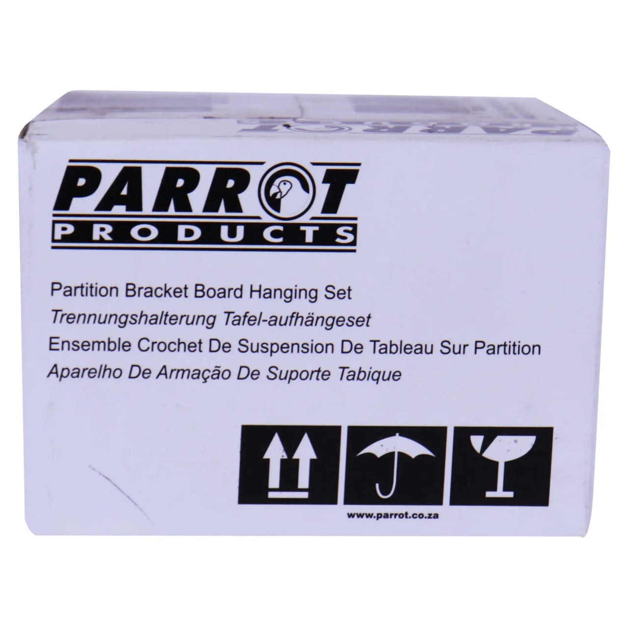 Parrot Products, Partition Bracket Board Hanging Set 30 mm to 75 mm in Packaging with Product Description and Handling Symbols.