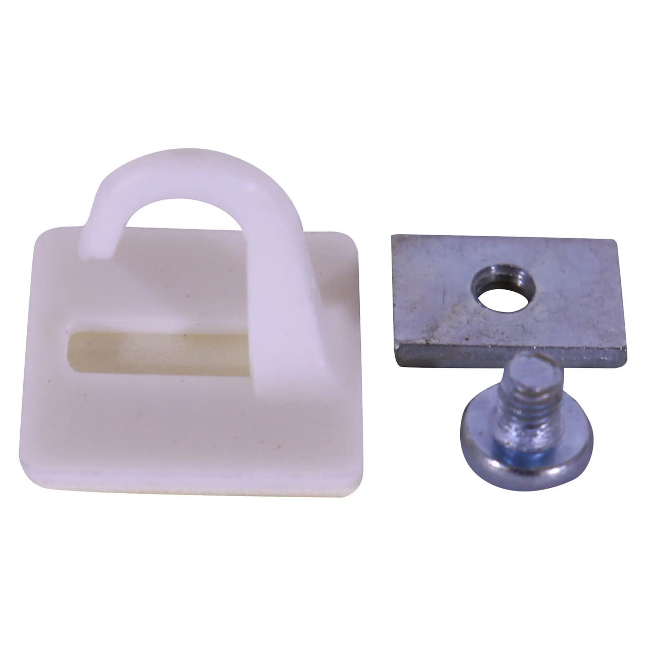 Easy Groove Frame Hook AL0420, Image Showing a White Plastic Hook with a Curved Top and a Slot, and a Metal Mounting Bracket with a Threaded Bolt for Secure Installation.