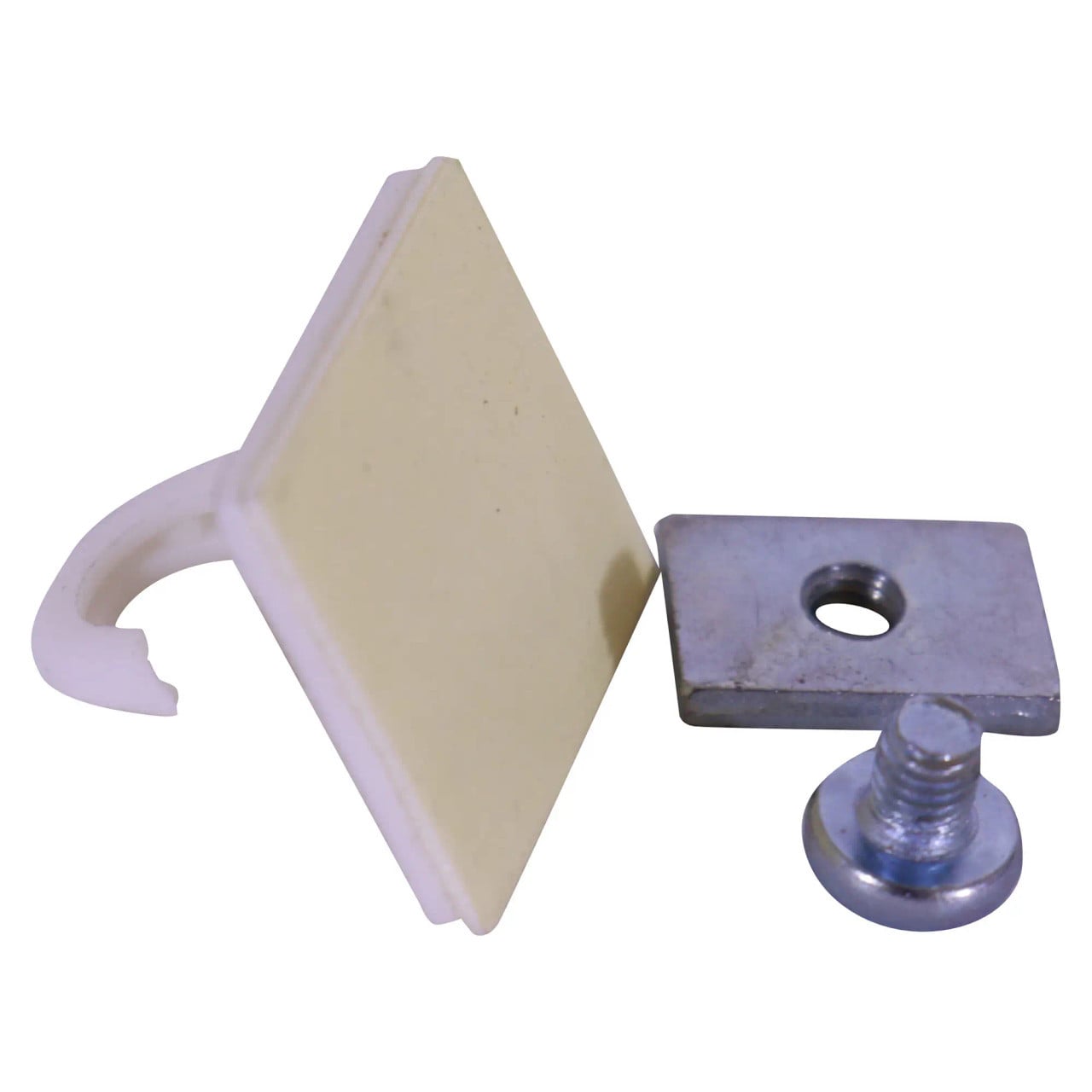 Easy Groove Frame Hook AL0420, Product Image Showing a White Plastic Hook with a Curved End and a Beige Square Mounting Block, Along with a Metal Mounting Screw and Plate.