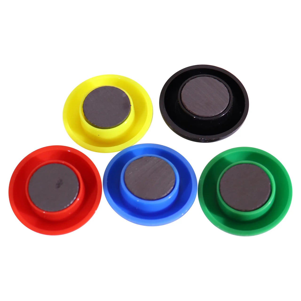 Circular Magnets, 5 Assorted Colourful Magnets in Red, Yellow, Blue, Black, and Green, Each 30 mm in Size, with Magnetic Centres for Versatile Use.