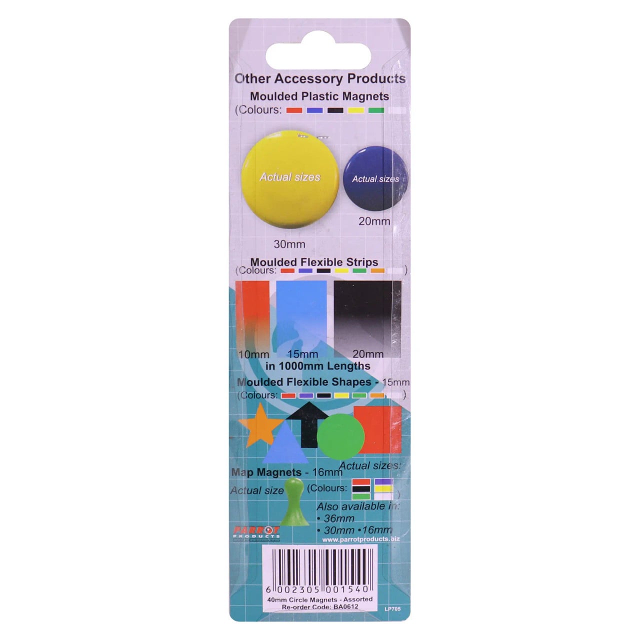 Magnets Circle, Product Packaging Showing Assorted Round Plastic Magnets with 40 mm Size and Four per Card.