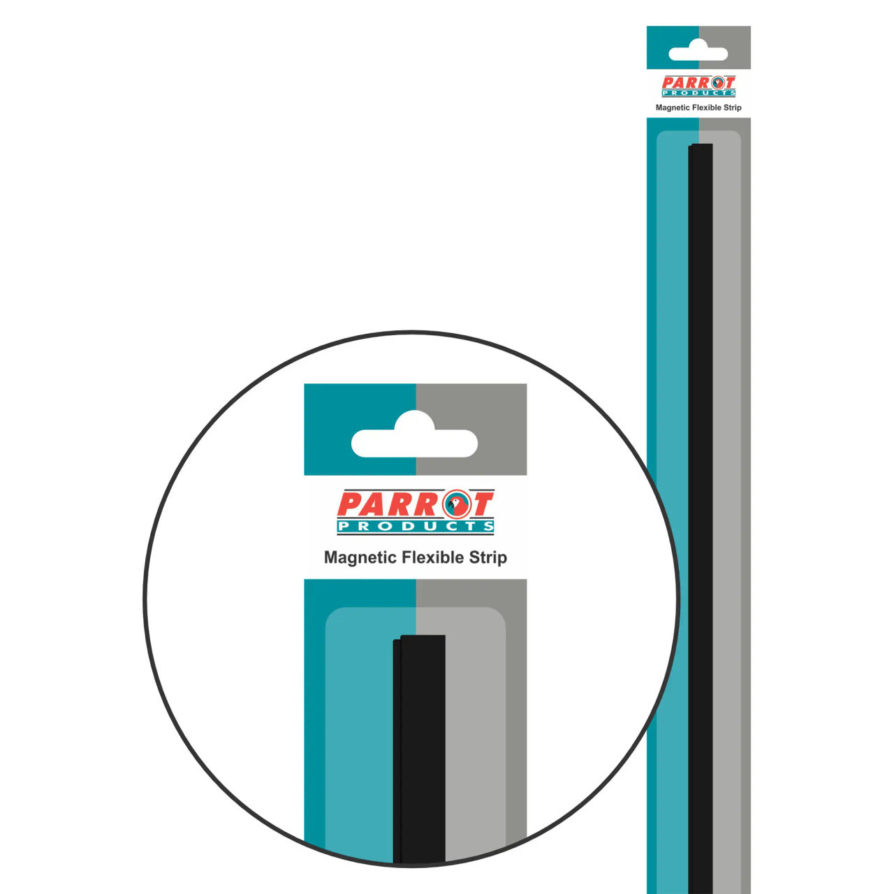 Magnetic Flexible Strip, Black 1000 x 10 mm Product Packaging Showing the Magnetic Strip in a Blister Pack with a Blue and Grey Label.
