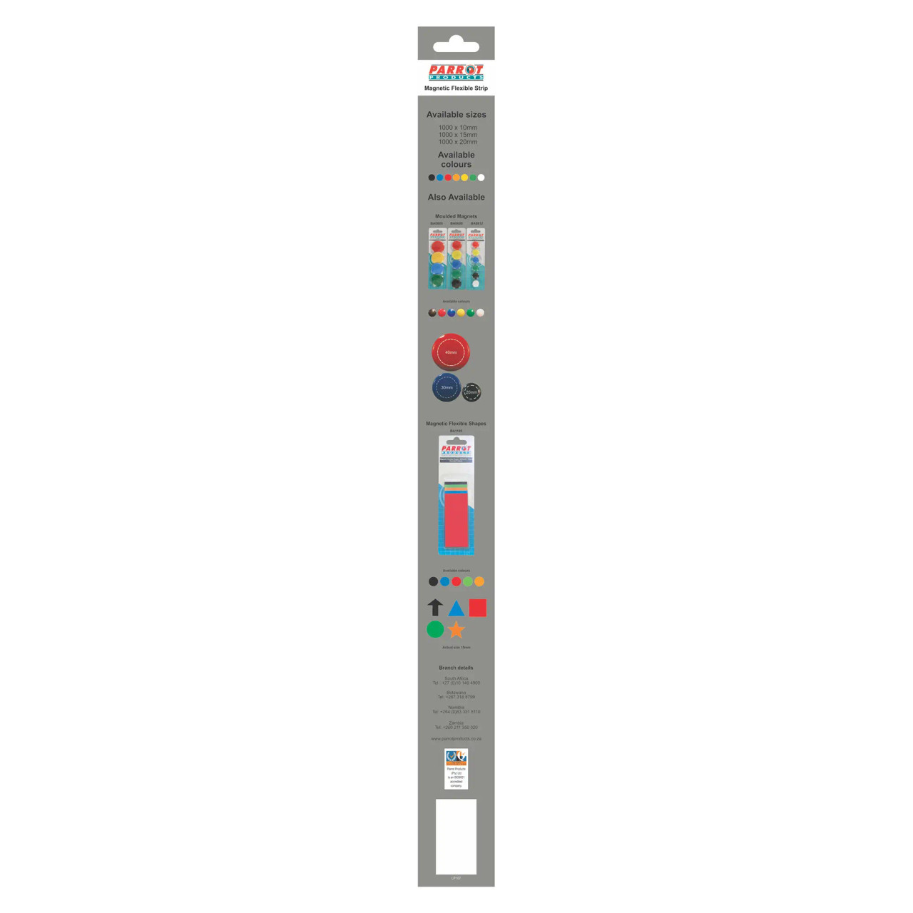 Magnetic Flexible Strip (1000 x 15 mm - Red) BA1115R, Product Image Showing a Long Grey Strip with Colourful Magnets and Packaging Details