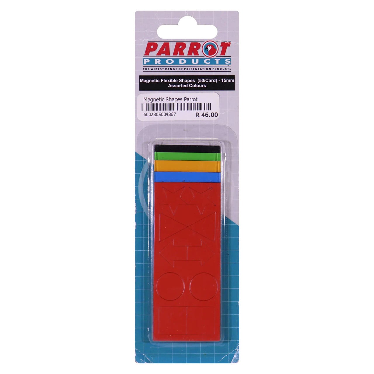 Magnetic Flexible Shapes, 50 Pack, Assorted Colours, 15 mm - Product Packaging Showing Various Magnetic Shapes for Educational or Creative Use.