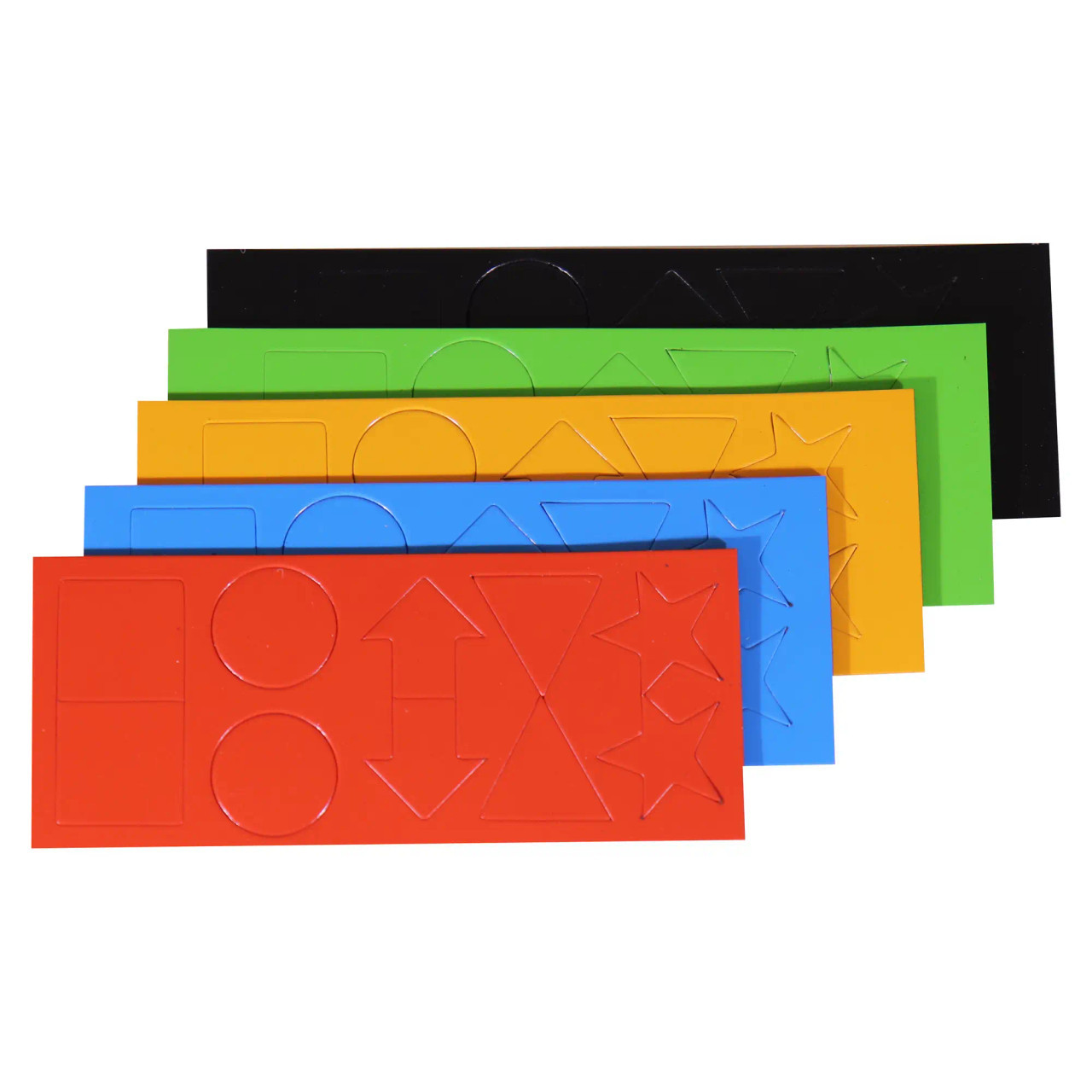 Magnetic Flexible Shapes (15 mm - 50 Pack - Assorted), Colourful Assortment of Magnetic Shapes Including Circles, Squares, Triangles, Stars, and Arrows on Different Coloured Rectangular Magnetic Sheets.