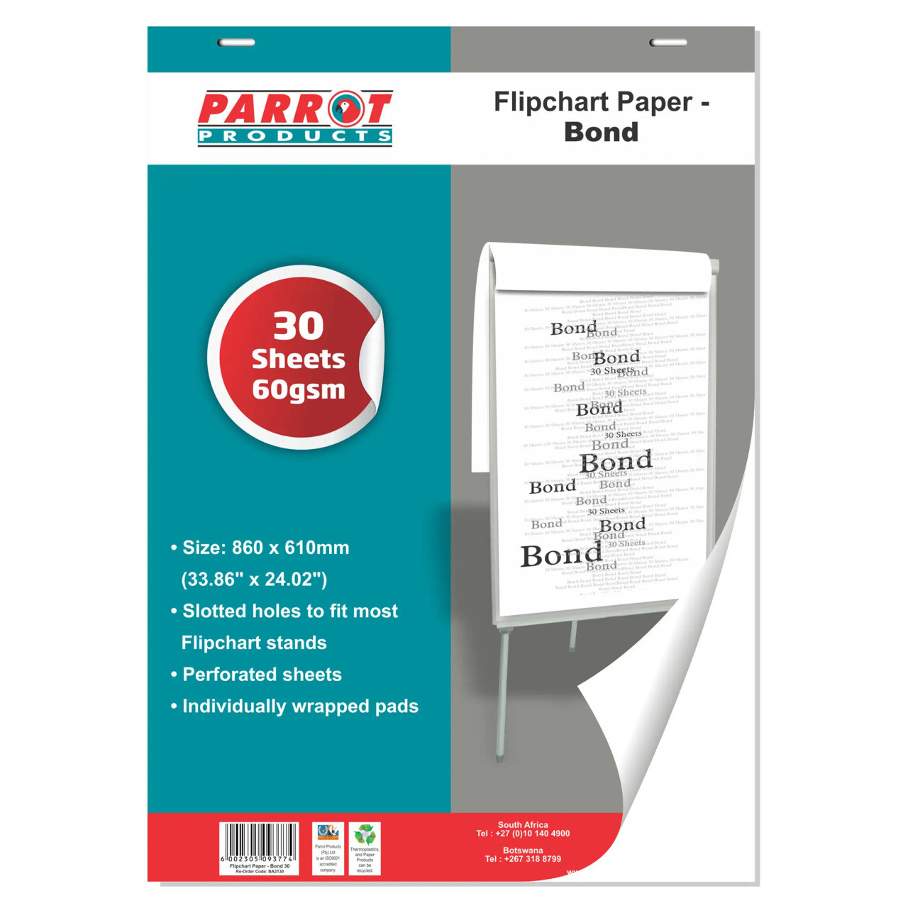 Flipchart Paper Bond 30 Sheets 860 x 610 mm, Image of the Product Packaging Showing Perforated Sheets, Slotted Holes for Stands, Individually Wrapped Pads, and Spiral Bound Design.