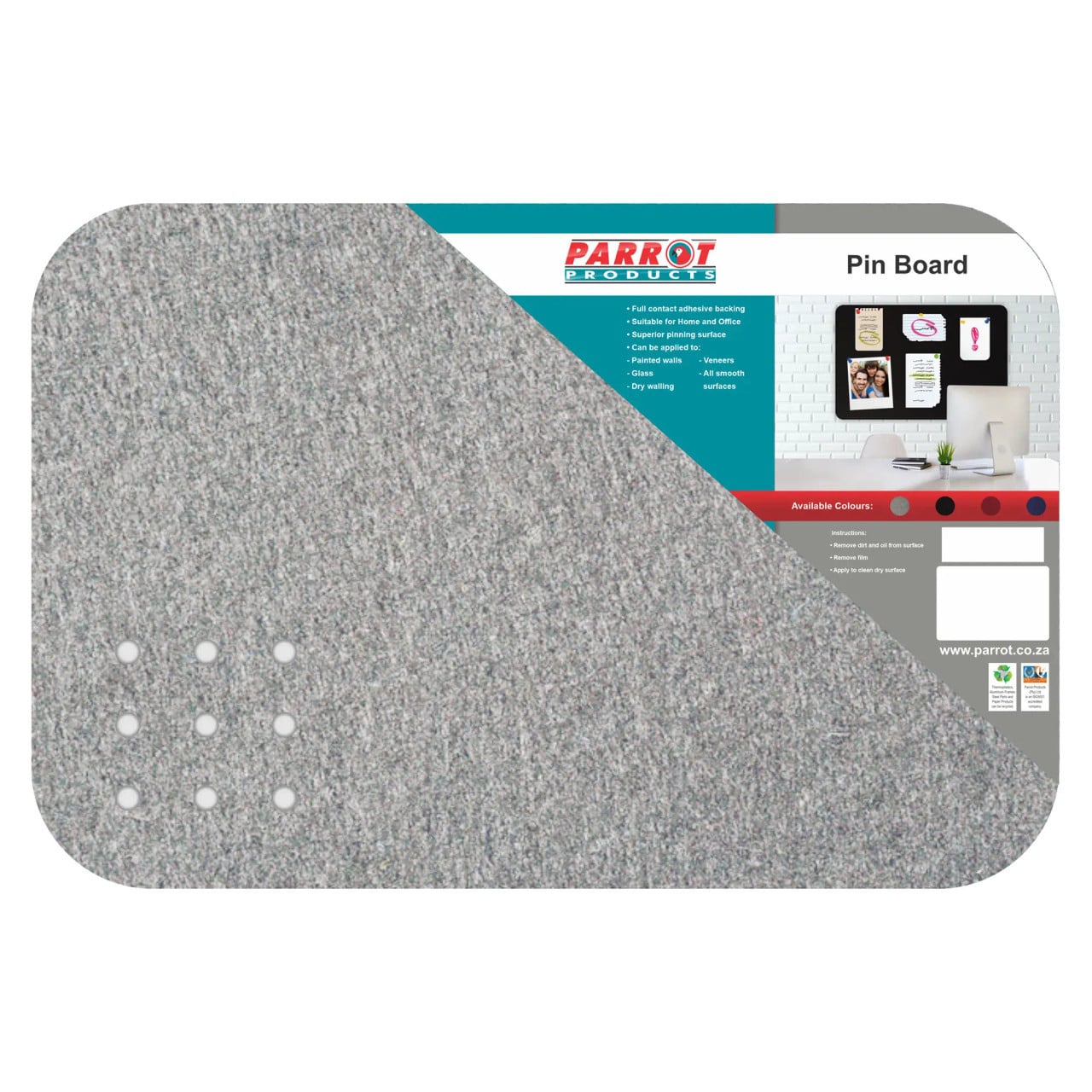 Adhesive Pin Board (No Frame - 450 x 300 mm - Grey) BD0315L, Grey Adhesive Pin Board with Six Holes for Easy Mounting, Suitable for Office and Home Decoration.
