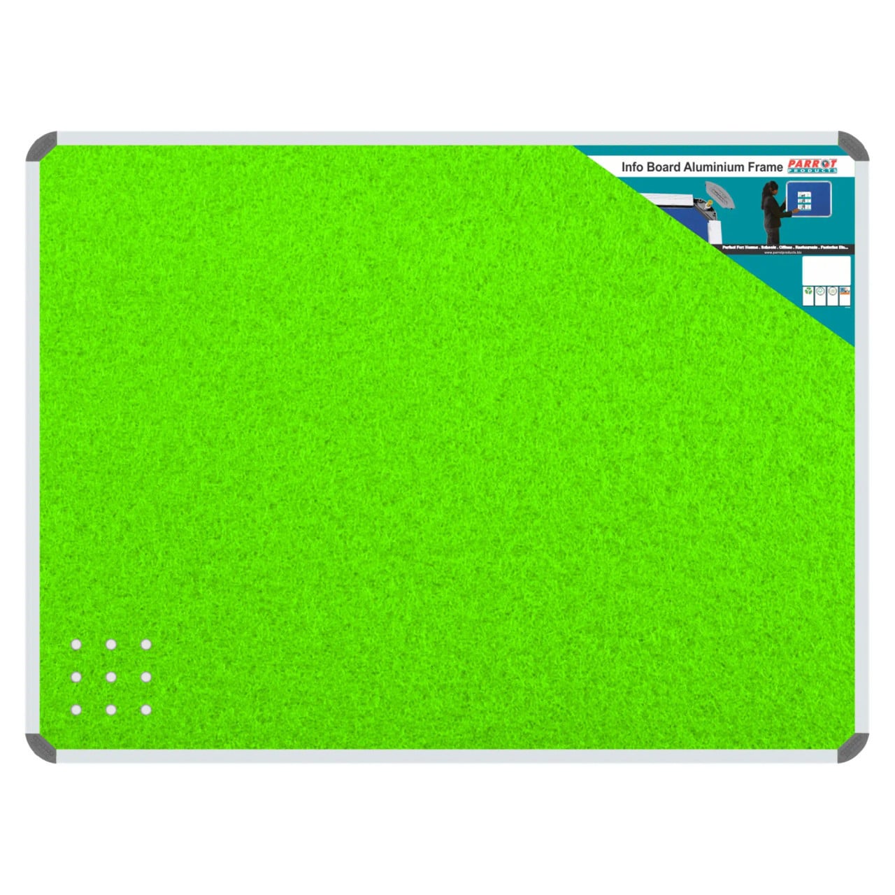 Product Info Board, Aluminium Frame with 600 x 450 mm Lime Green Surface.
