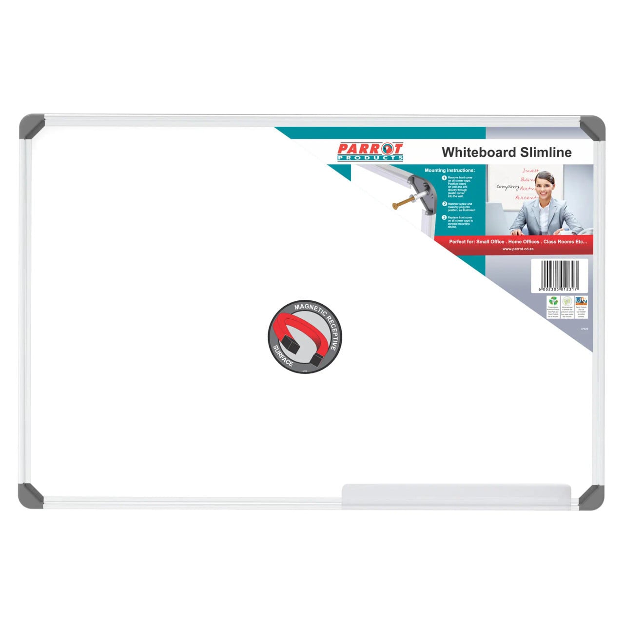 Slimline Magnetic Whiteboard (1200 x 900 mm) BD1141, Modern Whiteboard with Magnetic Surface, White Frame, and Mounting Instructions Visible.