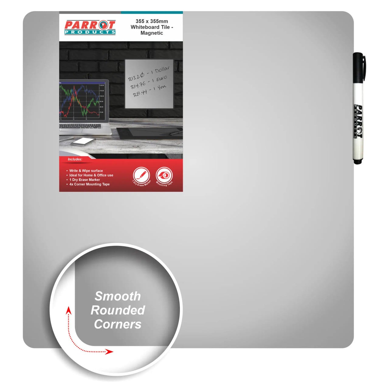Magnetic Whiteboard Tile (355 x 355 mm - Silver), Image of a Smooth, Rounded Corner Whiteboard with a Marker Attached on the Side.