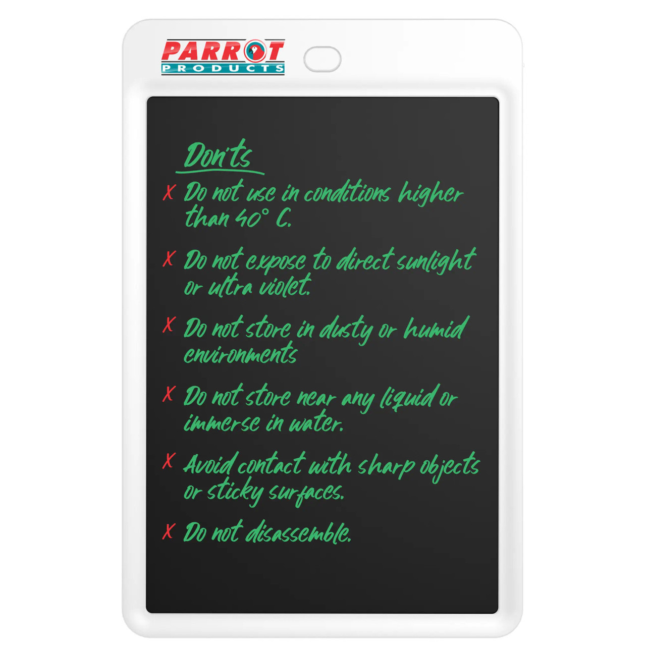 10 Inch LCD Writing Tablet Slate BD2810, a Portable Blackboard with White Frame and Safety Instructions Written in Green and Red on the Screen.