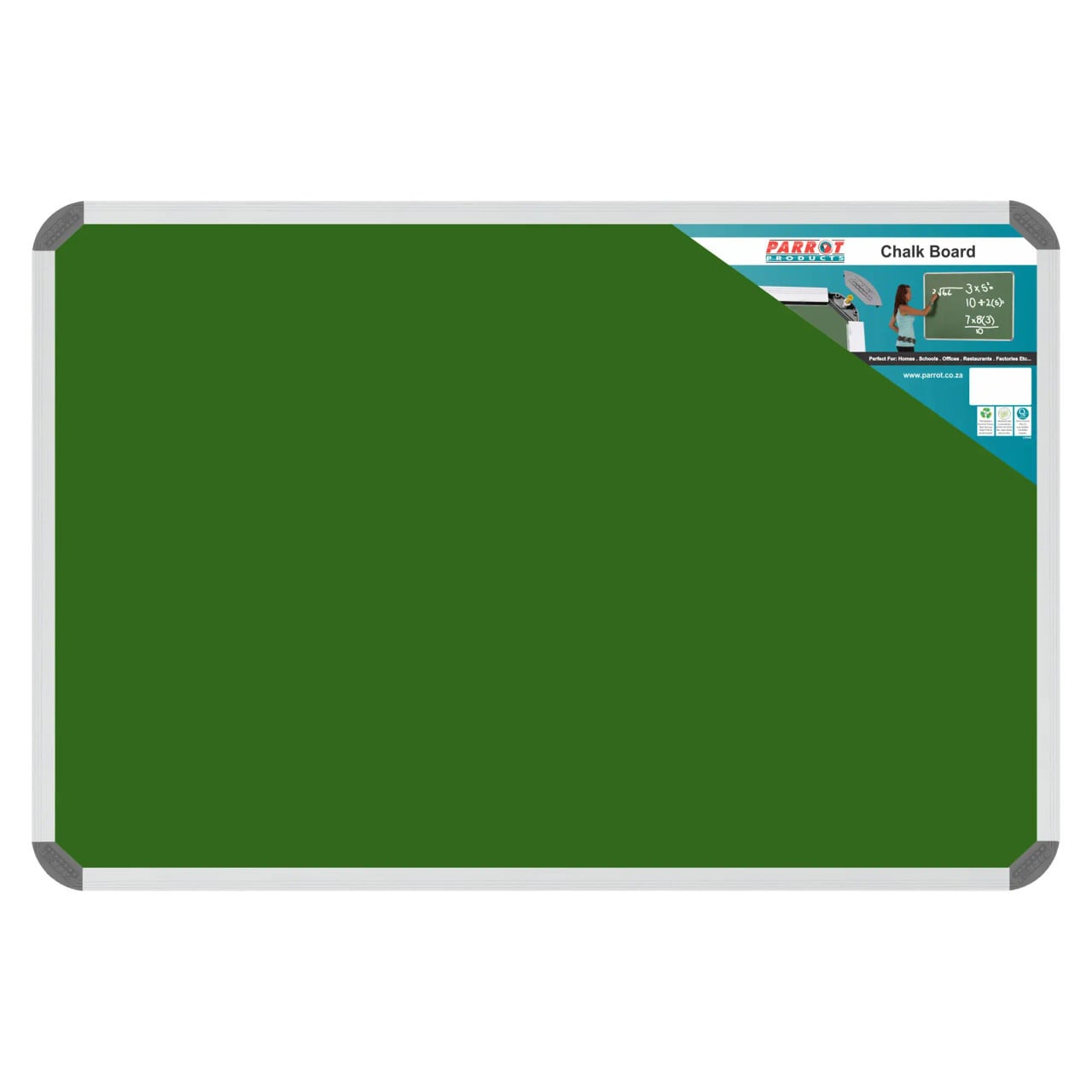 Chalk Board Non-Magnetic (Aluminium Frame - 600 x 450 mm), a Green Chalkboard with a Silver Aluminium Frame and Rounded Corners, Designed for Educational and Office Use.