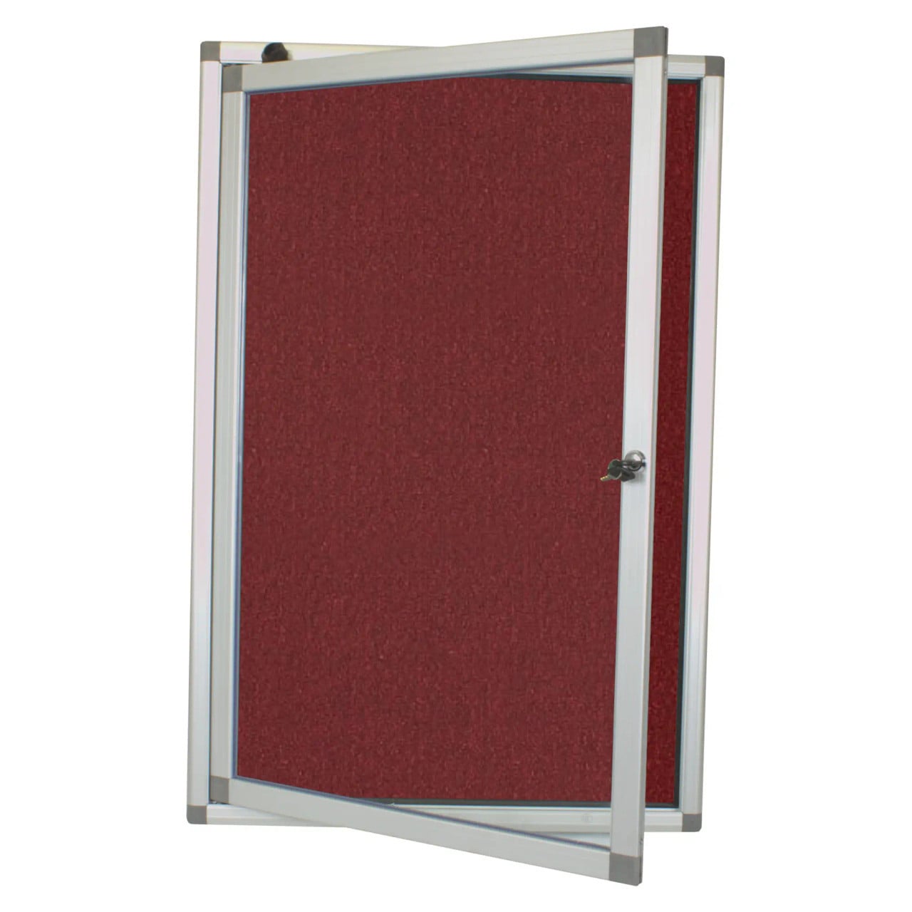 Hinged Pinning Display Case, 900 x 600 mm - Burgundy with Metal Frame and Lockable Door.