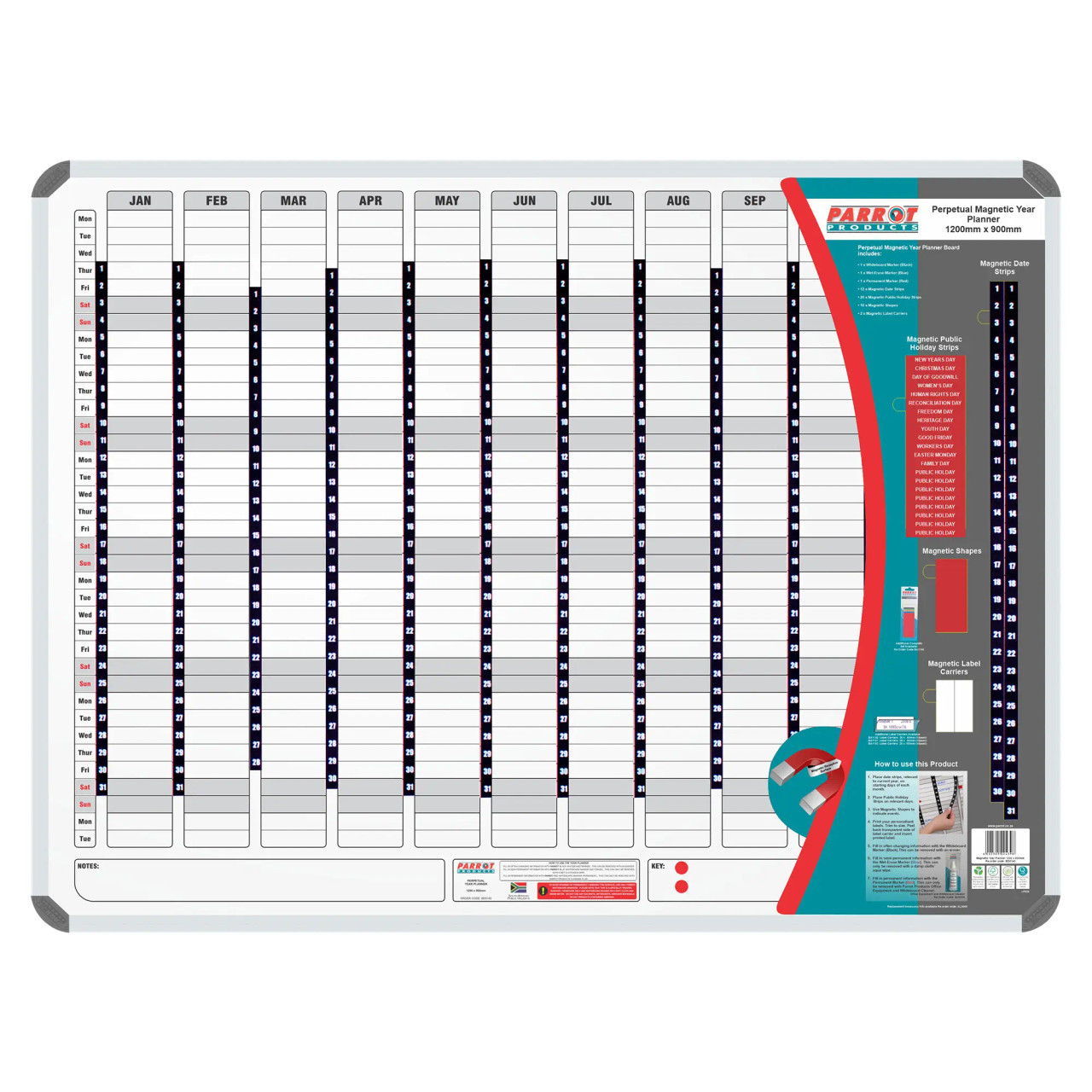 Magnetic Year Planner (1200 x 900 mm) BD5140, Large Magnetic Annual Calendar with Month and Date Blocks for Scheduling and Planning.