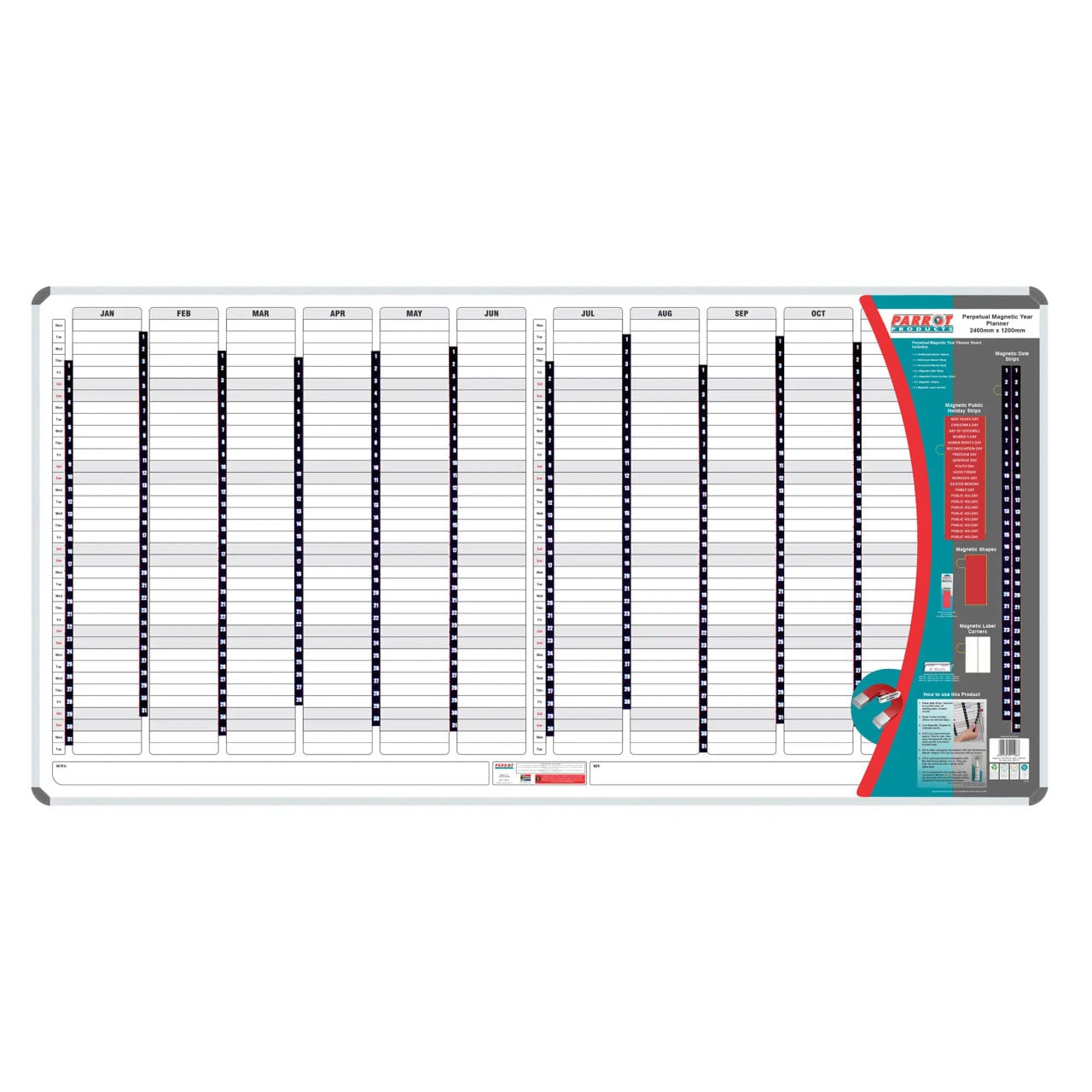 Magnetic Year Planner (2400 x 1200 mm), Large Wall-Mounted Month-by-Month Calendar with Magnetic Strips and Labels for Organising Yearly Schedules.