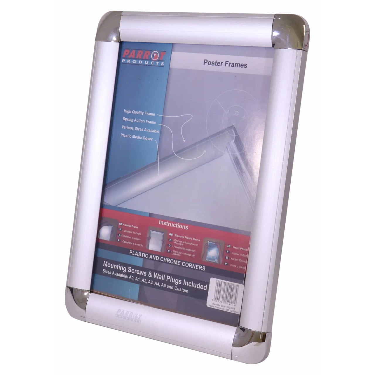 Poster Frame (A0 - 1250 x 900 mm - Chrome Corner) BG3000, White Glossy Poster Frame with Chrome Corners and Spring Action Frame Design