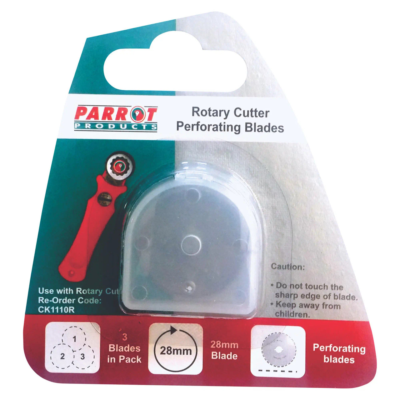 Craft Knife Rotary Blades 28 mm Perforate CK1112, Packaging Containing Three Blades in a Plastic Case with Product Details and Caution Instructions.