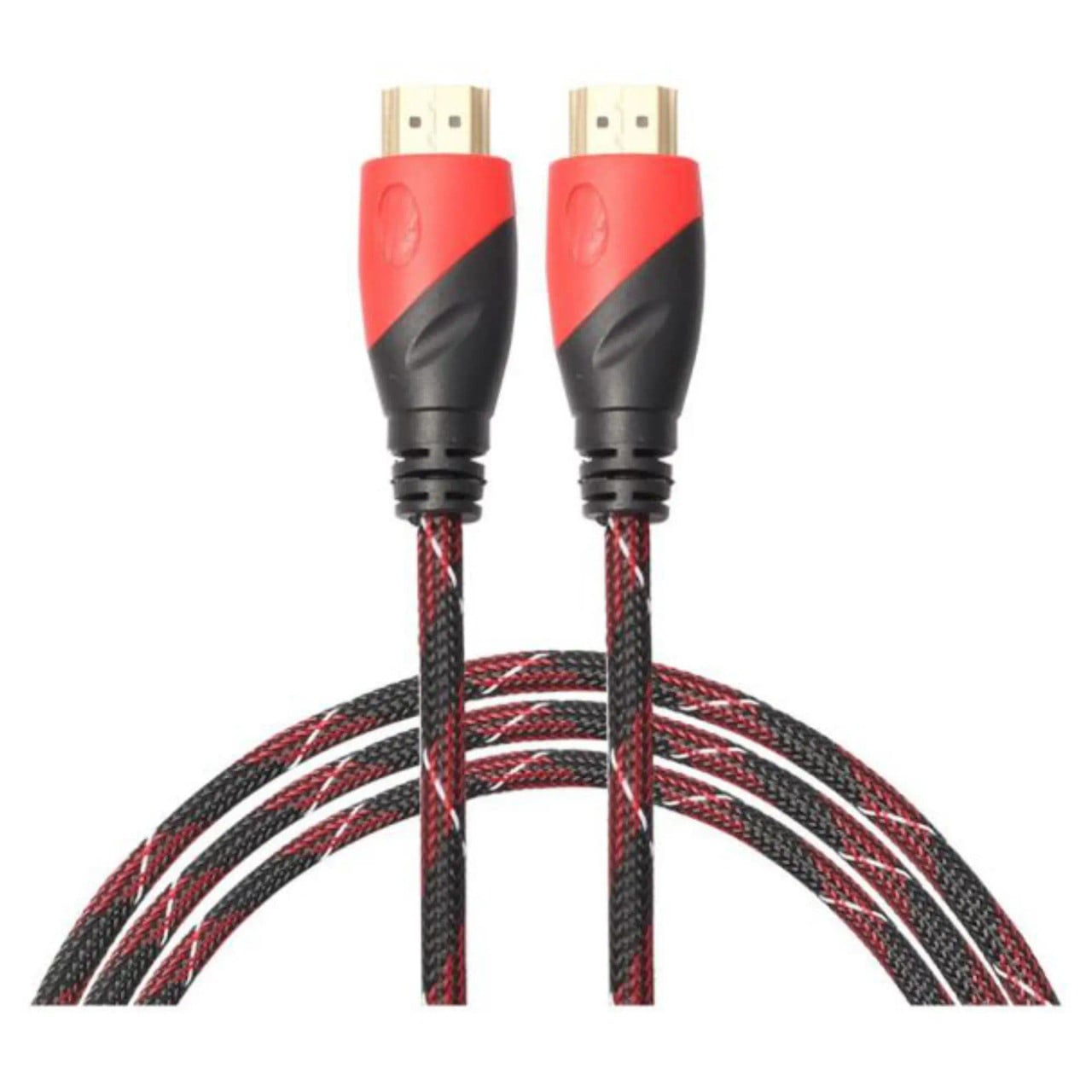 Cable - HDMI 4K 60 Hz - 5M CL1005-4K, Close-Up Image of Two HDMI Cables with Red and Black Braided Design and Gold-Plated Connectors.