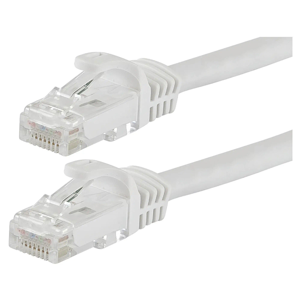 Network Cable (Cat 6 - 10 Metres) CL3010, Close-Up of Two White Ethernet Cables with RJ45 Connectors for High-Speed Internet and Network Connections.