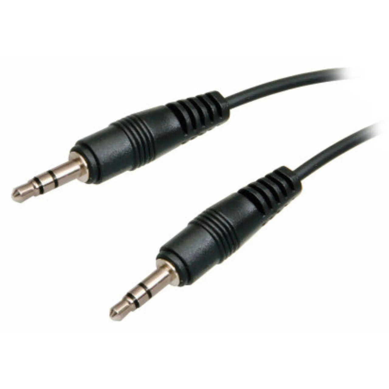 3.5 mm Jack - Jack Cable (10M) CL4010, Close-Up of the Black Audio Extension Cable with Two Male Connectors Featuring Metal Tips and Black Plastic Sleeves.