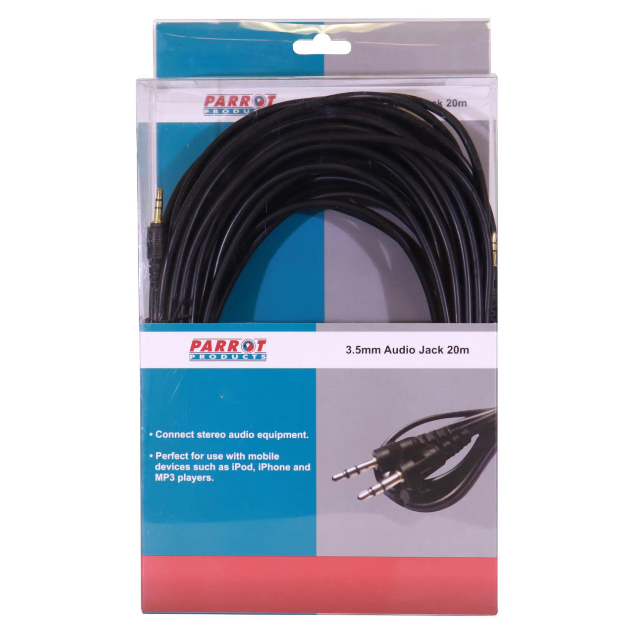 Product 3.5 mm Audio Jack Cable, 20 Metres - Jack to Jack, Black Stereo Audio Cable in Packaging.