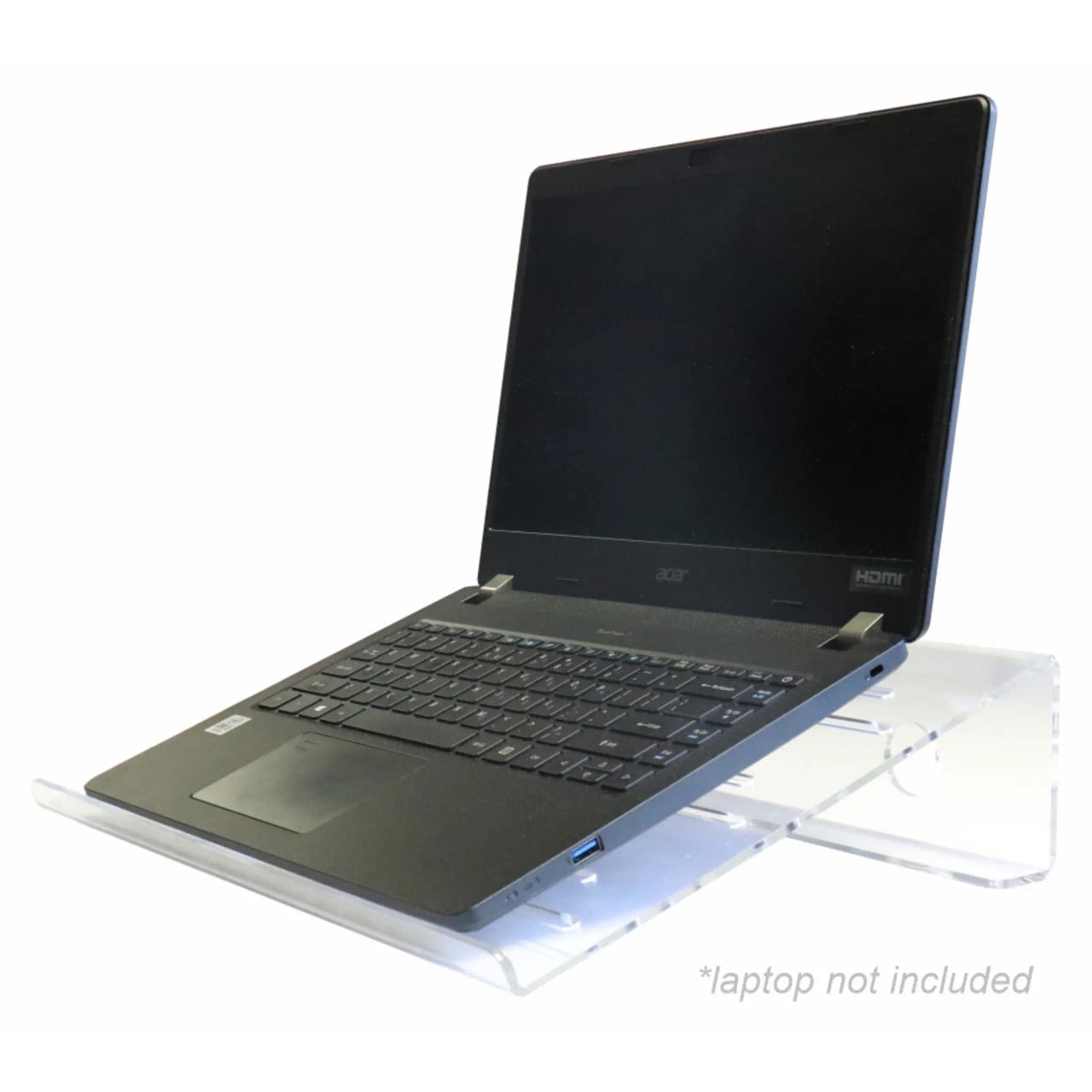 Acrylic Laptop Tablet Stand DP0401, Clear Acrylic Stand Holding a Black Laptop with a 120-degree Tilt Angle for Ergonomic Viewing.
