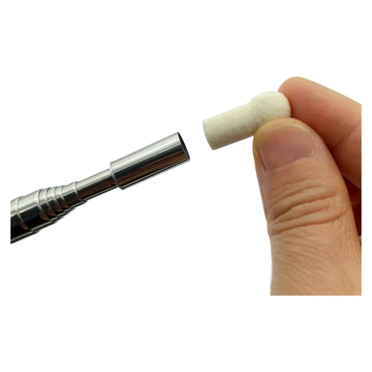 Interactive Whiteboard Stylus Extendable IW1052, Close-Up of a Hand Holding a White Foam Tip for the Stylus with a Metallic Extendable Stylus in the Background.