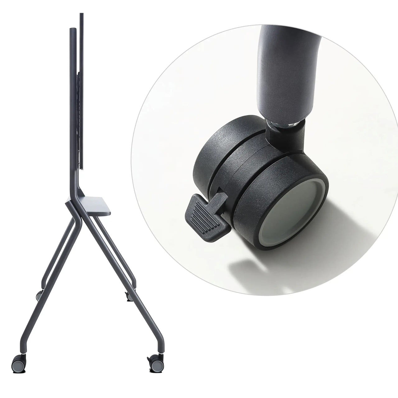 Interactive Touch Panel Mobile Stand IW7102, Black Rolling Stand with Adjustable Height and Secure Mounting Bracket for Touch Panels.