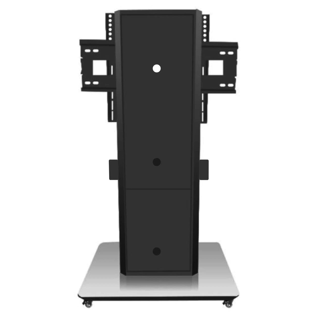 Interactive Touch Panel Stand White Large IW7103, a Mobile Black and White Touchscreen Display Stand on Wheels with Adjustable Mounting Brackets.