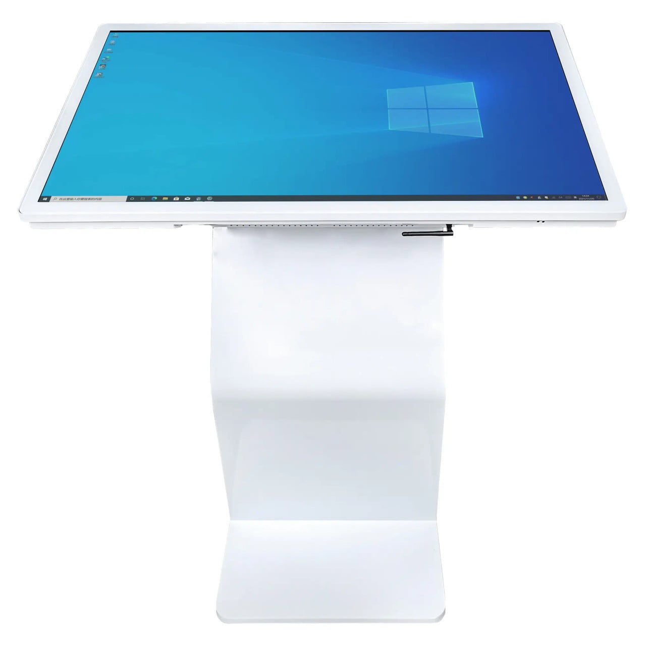 Touch LED 43 Inch Capacitive Touch Table (White) IWS0043, Front View of a White Touch-Enabled Digital Display Table with a Large Screen Showing a Windows Desktop.