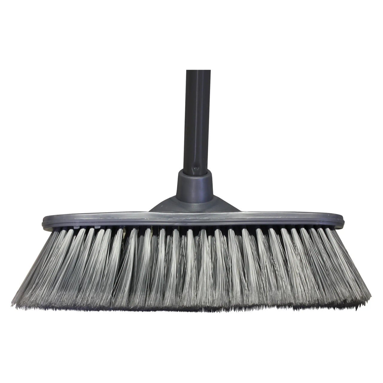 Janitorial Soft Broom (300 mm) JA0101, Image of a Soft Bristled Cleaning Broom with a Black Handle and Grey Base for Sweeping Floors.