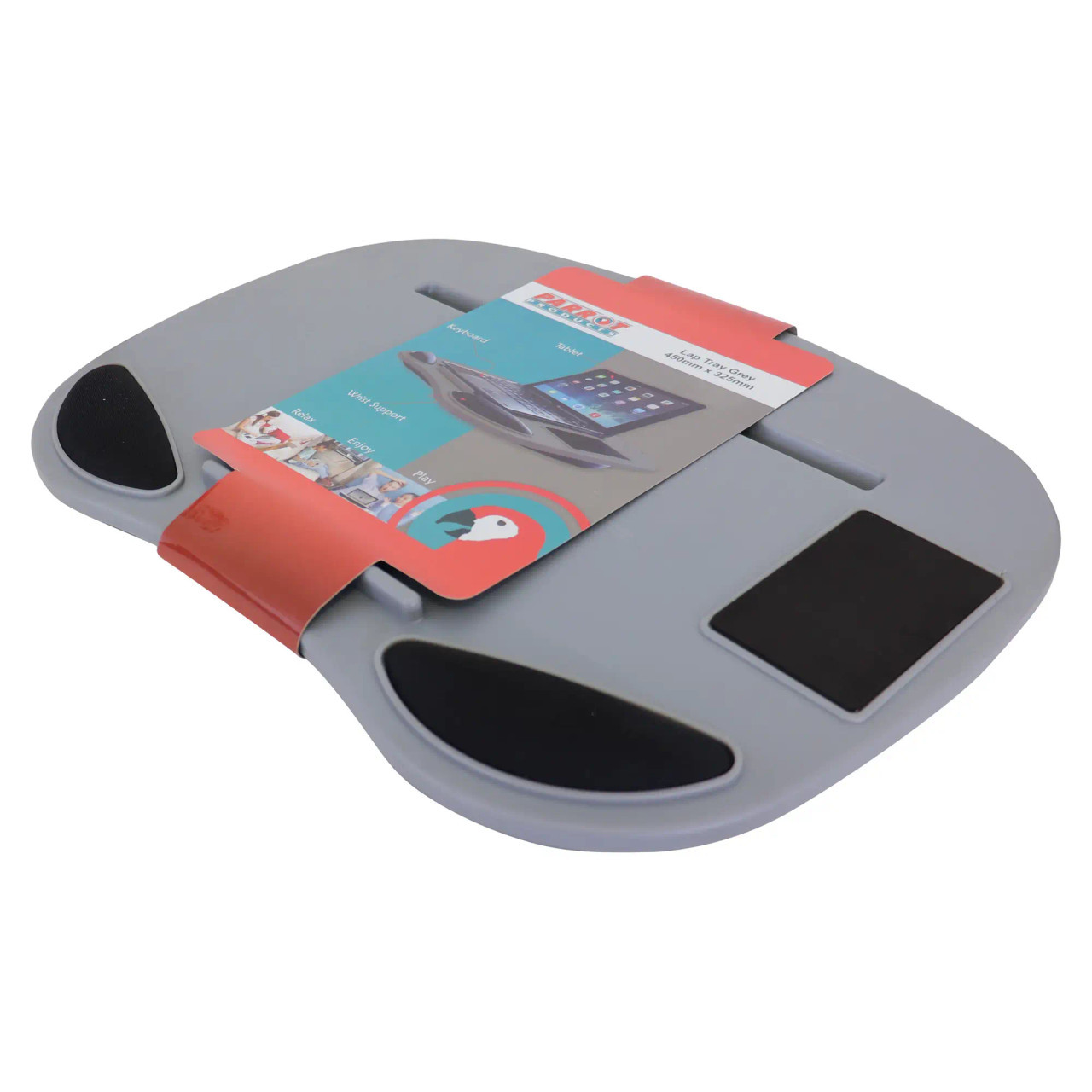 Product Tablet Lap Tray (450 x 325 mm - Grey), Grey Lap Tray with Black Non-Slip Pads and a Slot for Holding Devices.