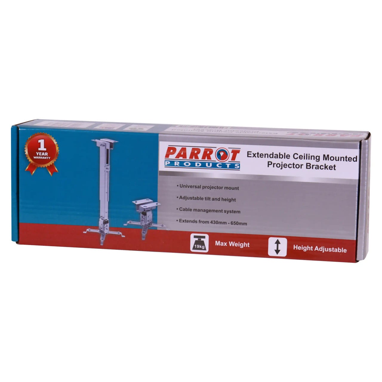 Parrot Projector Ceiling Mounting Bracket (430 x 650 mm), Product Packaging Box with Image and Specifications.