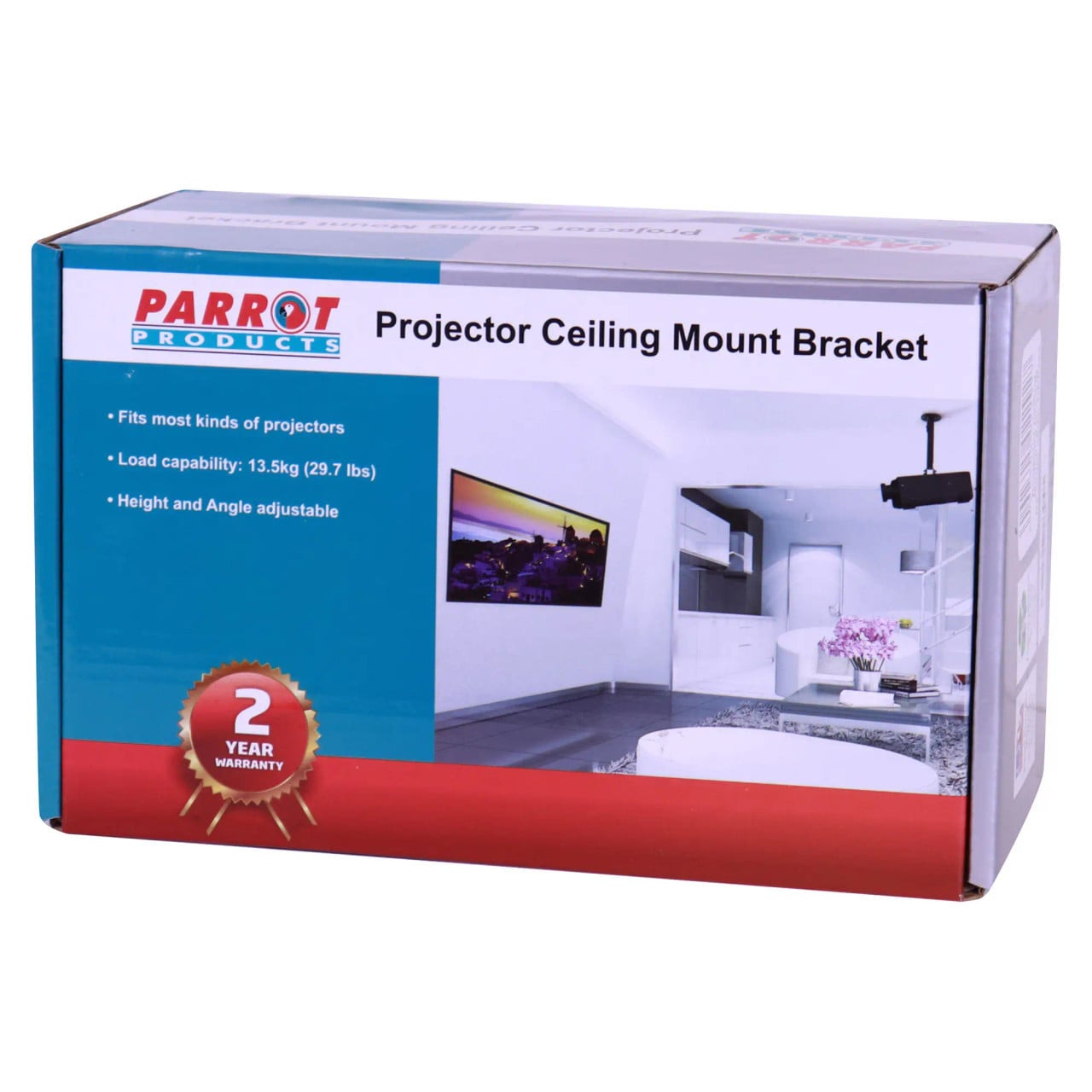 Parrot Projector Ceiling Mount Bracket (52 mm), Packaging Box with a Modern Living Room Interior Image and Product Details Highlighted.