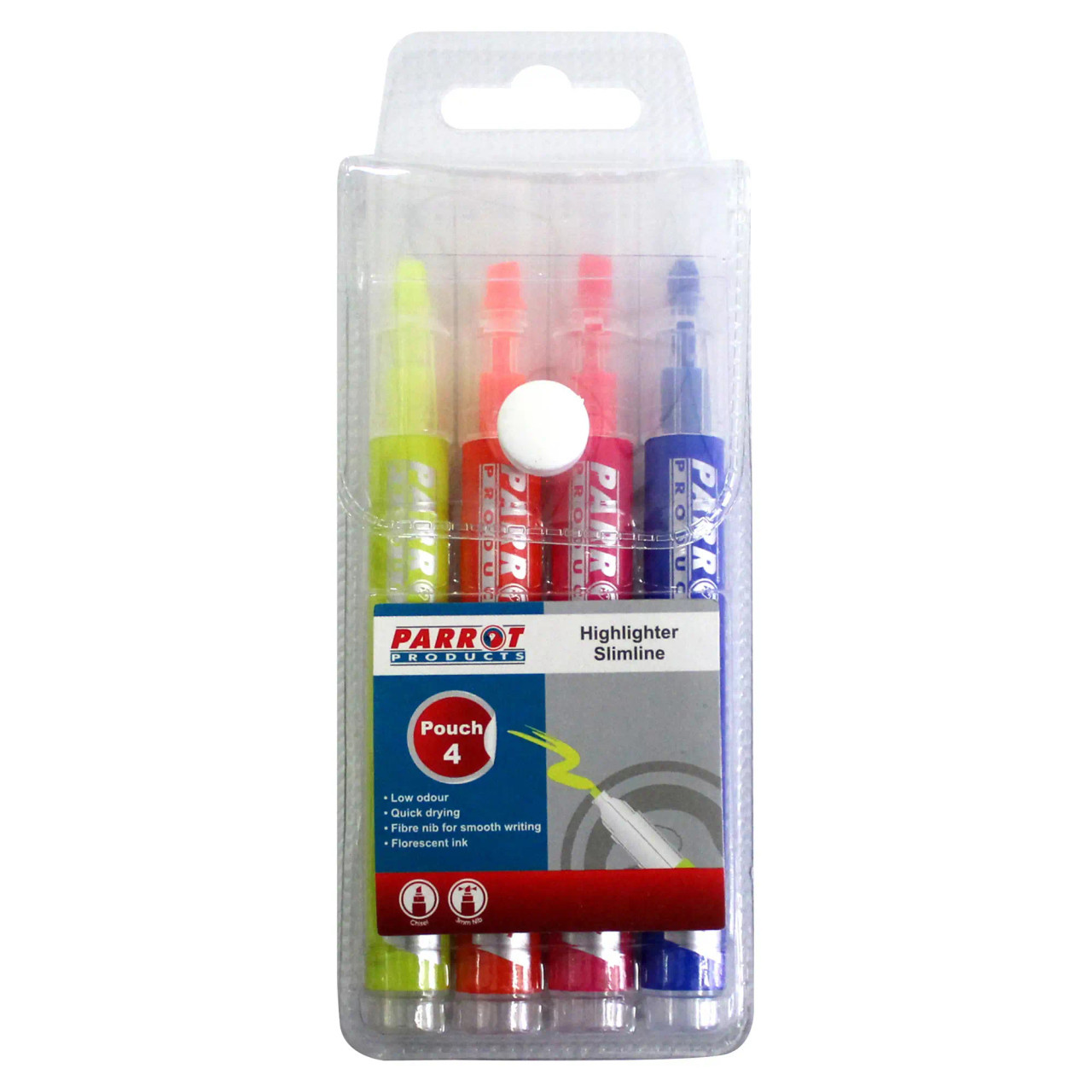 Slimline Highlighters (Pouch 4) PH0401C, Transparent Plastic Pouch Containing Four Fluorescent Highlighters in Yellow, Pink, Red, and Blue with Low Odour, Quick Drying Ink, and Fibre Nib for Smooth Writing.