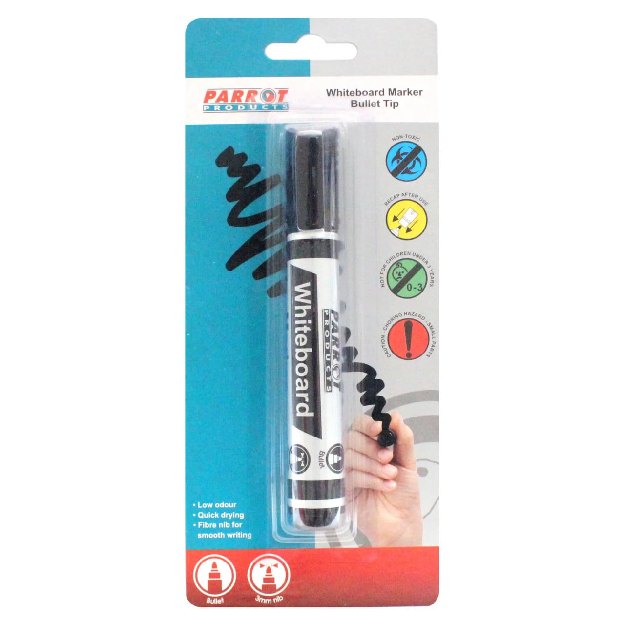 Whiteboard Marker (Bullet Tip - Carded - Black) PW0101B, Product Packaging with Black Marker Pen Inside, Featuring a Bullet Tip and Black Ink, Designed for Writing on Whiteboards in Office or Classroom Settings.