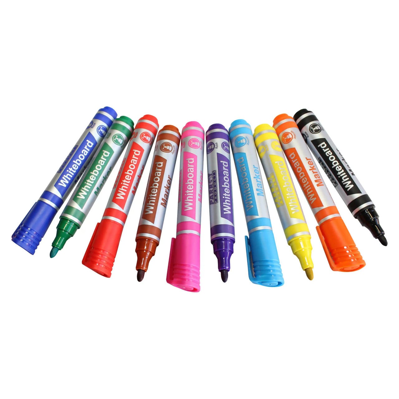 Whiteboard Markers (10 Markers - Bullet Tip) PW1001A, Colourful Set of Whiteboard Markers in Various Colours with Bullet Tips.
